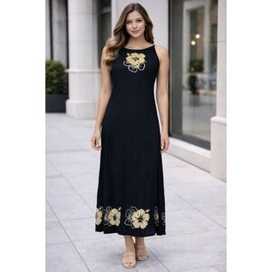 Black Maxi Dress Puakenikeni Floral Sleeveless Hawaiian Island Style